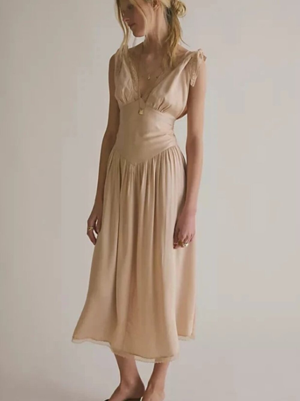 Free People FP One Phoenix Midi Dress V Neck Smocked Sleeveless Peach XS